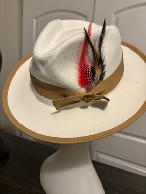 White Wool Fedora with Tan Band and Feather Accent